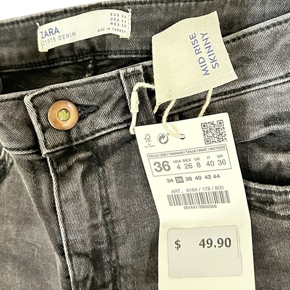 Nwt Zara mid rise skinny Jeans charcoal gray python print stripe tuxedo size 4 - Picture 7 of 7